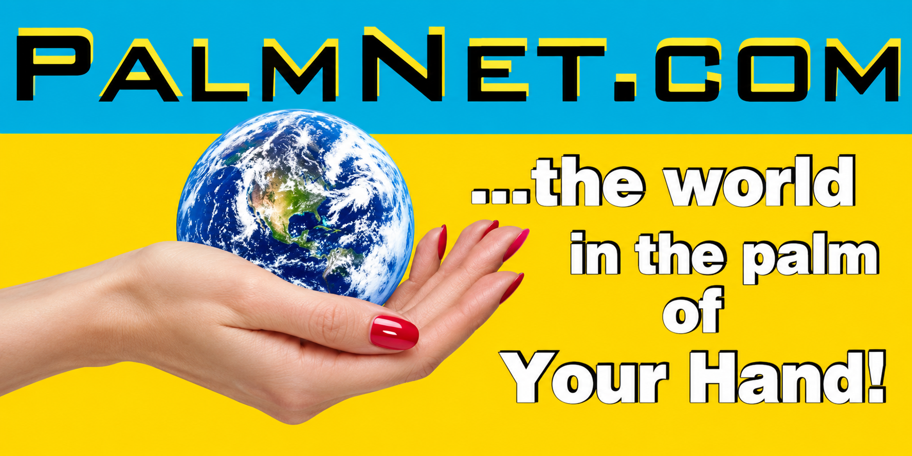 PalmNet.com: a hand holding the world, with the original tagline The world in the palm of Your Hand